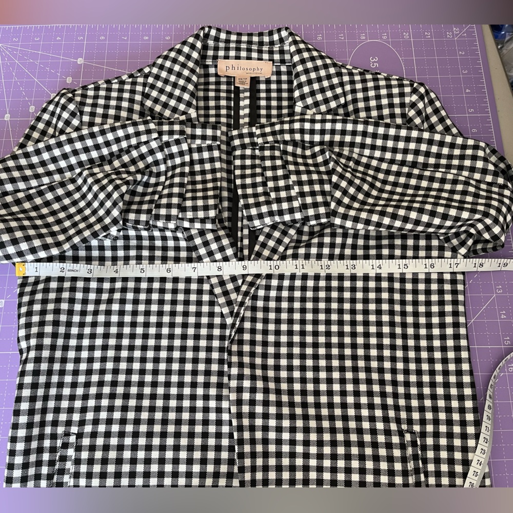 Black & White Gingham Open Front Blazer Ruched Sleeves Extra Small, Like New - Picture 6 of 11